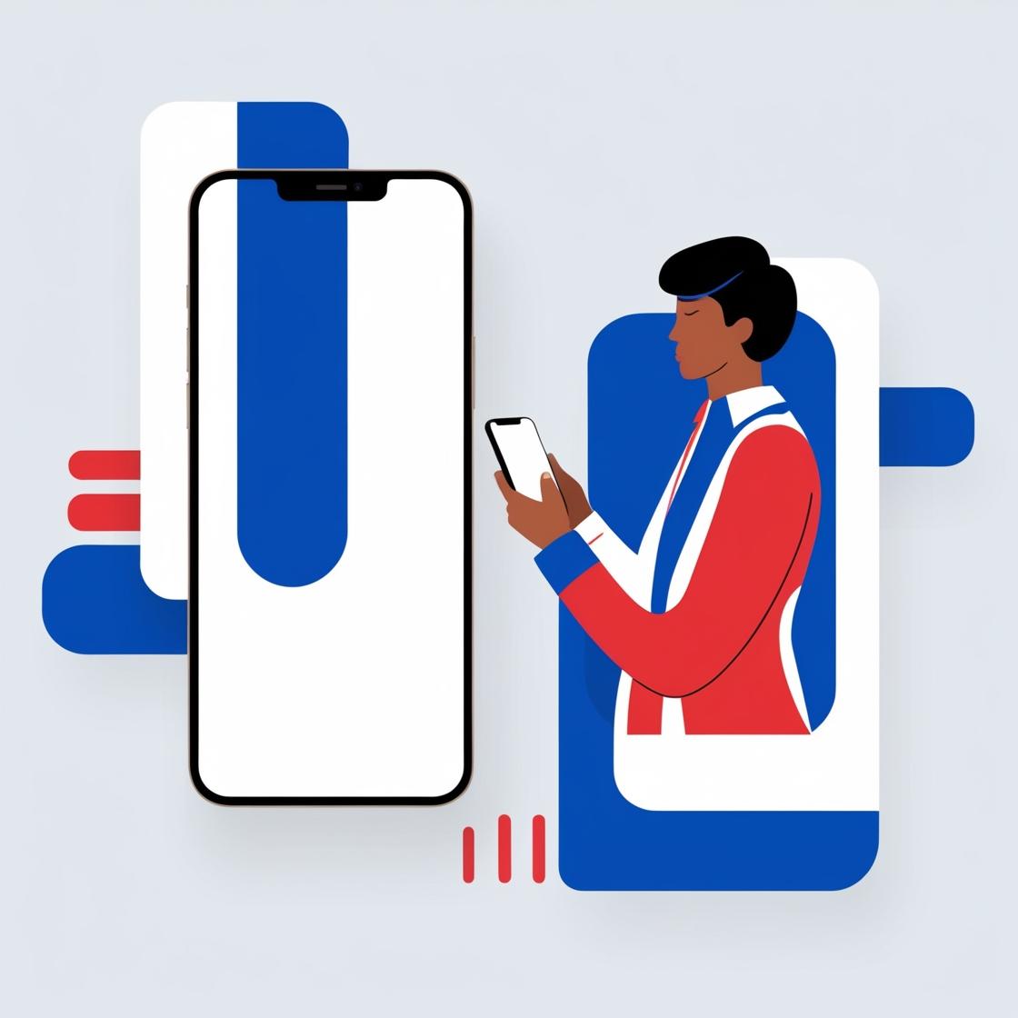 FLatdesign-Grafik in Blau, Rot, Weiß, Grau - ein SMartphone und eine Person mit Smartphone in der Hand